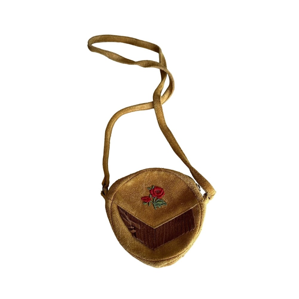 Vintage Brown Suede Mini Child Crossbody Bag With Floral Embroidery & Fringe Det